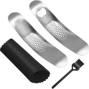 2 PCS Garlic Press with Garlic Peeler, FineGood Garlic Crusher Garlic Press Rocker Stainless Steel Garlic Presser Garlic Mincer with Cleaning Brush
