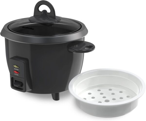 Mishcdea Small Rice Cooker 3 Cups Uncooked, Electric Mini Rice Cooker with Food Steamer Basket, Removable Nonstick Pot, 12H Automatic Keep Warm, for Rice, Soups, Stews, Grains, Oatmeal - Black