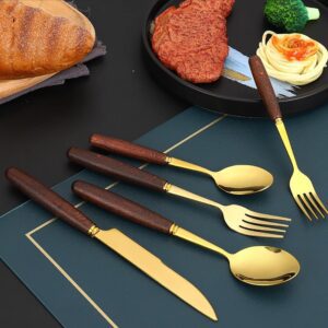 Gold Silverware Set 40-Pieces Cutlery Set for 8 Forks Utensil Sets Home Essentials for New Home Kitchen Ergonomic Durable Wooden Handle Birthday Party Best Gift Combo Gold