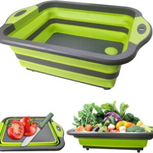 Green Collapsible Cutting Board With Colander, Multifunction Silicone Folding Chopping Board Dish Tub Basin Food Strainer Storage Basket, Draining & Washing Vegetables Fruits Pasta