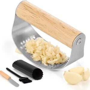 AUBENR Garlic Press with Silicone Peeler, Brush & Scraper - Premium Garlic Mincer Tool with Wooden Handle - Easy to Use & Clean - Durable Garlic Crusher - Crush Garlic Like a Breeze(Bright Wood)