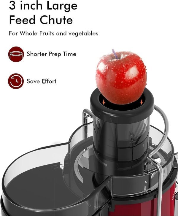 Effortless Juicing Machines, SiFENE 500W Wide Chute Centrifugal Juicer for Fruits & Vegetables, Easy-Clean Juicing Maker, BPA-Free (Sleek Stainless Steel - Red) - Image 2