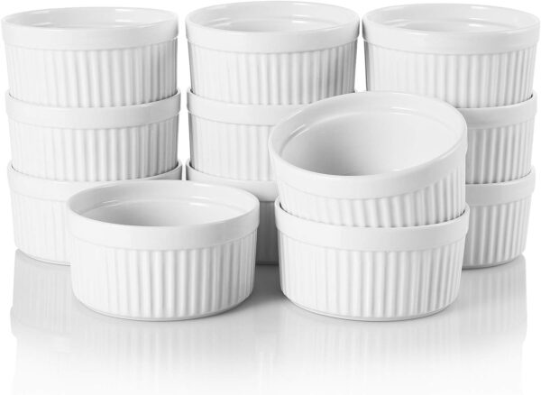 Foraineam 12 Pieces 8 oz Porcelain Souffle Dishes, Oven Safe Ramekins White Bakeware Set Dessert Custard Baking Dishes Cups for Baking, Cooking, Serving and More - Image 3