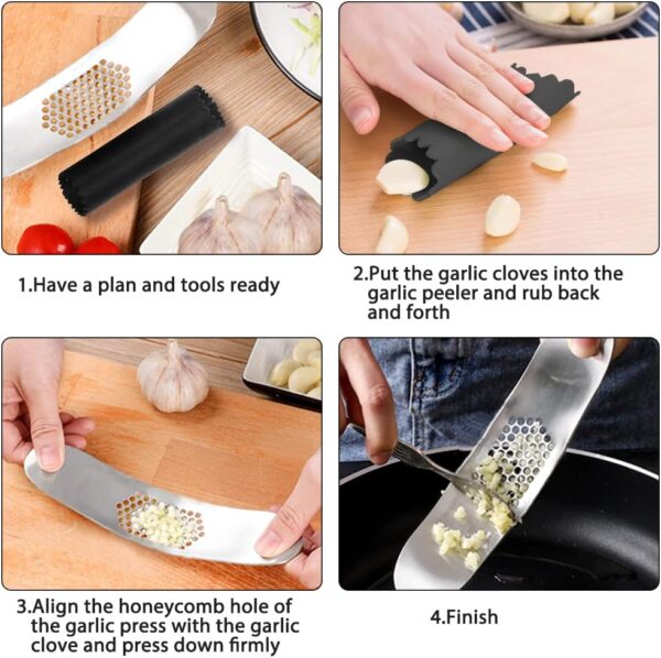 2 PCS Garlic Press with Garlic Peeler, FineGood Garlic Crusher Garlic Press Rocker Stainless Steel Garlic Presser Garlic Mincer with Cleaning Brush - Image 5