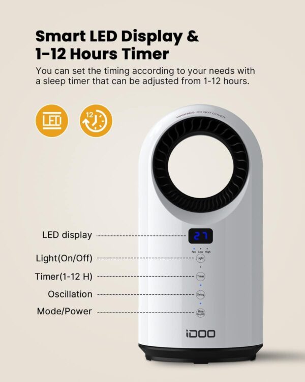 iDOO Electric Space Heater for Indoor Use with Remote, Portable PTC Ceramic Heaters for Bedroom, 1500W Fast Heating for Large Room/Office, Safe & Quiet for Home, 12H Timer, Oscillation, LED Display - Image 5