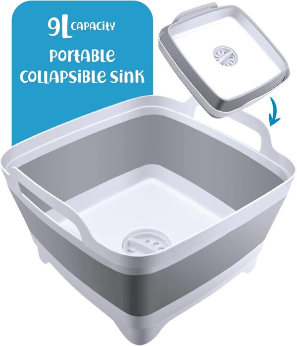 Home Spirit Collapsible Sink, Portable Dish Pan, Wash Basin Tub for Dish, Fruits, Vegetables, Textiles, Cloths, Beverages, Integrated Handle, Plug and Strainer, 9L Capacity - Image 7