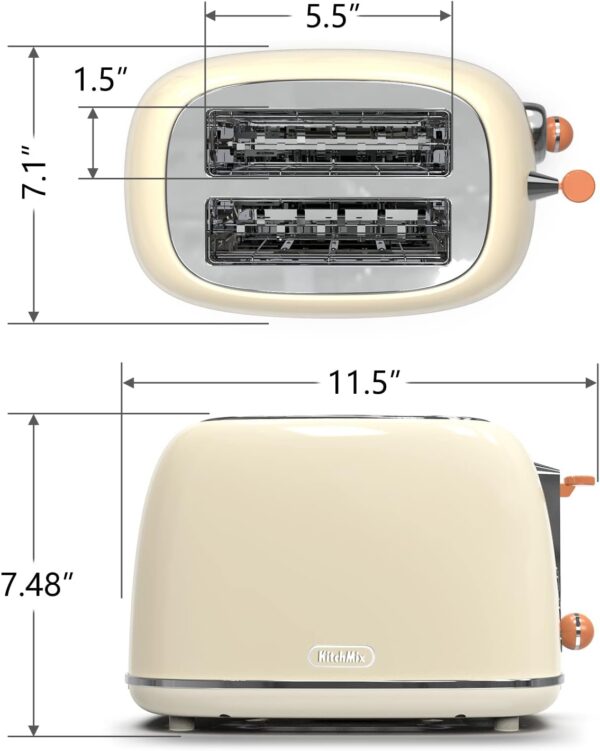 Toaster 2 slice, KitchMix Retro Stainless Steel Toaster with 6 Settings, 1.5 In Extra Wide Slots, Bagel/Defrost/Cancel Function, Removable Crumb Tray (Cream) - Image 7