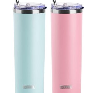 koodee 20 oz Stainless Steel Skinny Tumblers (2 Pack) Double Wall Insulated Water Tumbler Cup with Lid and Straw, Slim Travel Tumbler for Women/Men Diy Birthday Gift （Baby Blue-Pink）