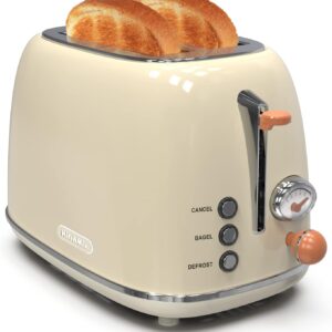 Toaster 2 slice, KitchMix Retro Stainless Steel Toaster with 6 Settings, 1.5 In Extra Wide Slots, Bagel/Defrost/Cancel Function, Removable Crumb Tray (Cream)
