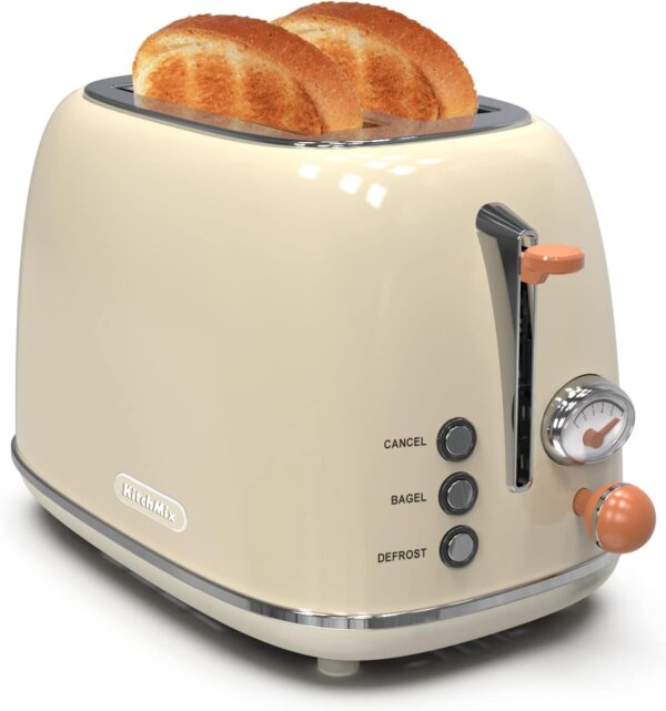 Toaster 2 slice, KitchMix Retro Stainless Steel Toaster with 6 Settings, 1.5 In Extra Wide Slots, Bagel/Defrost/Cancel Function, Removable Crumb Tray (Cream)