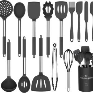 Silicone Cooking Utensil Set, Umite Chef 15pcs Silicone Cooking Kitchen Utensils Set, Non-Stick Heat Resistant - Best Kitchen Cookware with Stainless Steel Handle - Black