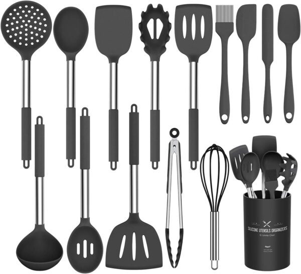 Silicone Cooking Utensil Set, Umite Chef 15pcs Silicone Cooking Kitchen Utensils Set, Non-Stick Heat Resistant - Best Kitchen Cookware with Stainless Steel Handle - Black