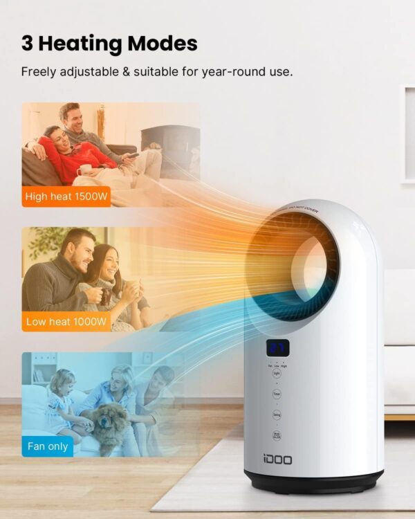 iDOO Electric Space Heater for Indoor Use with Remote, Portable PTC Ceramic Heaters for Bedroom, 1500W Fast Heating for Large Room/Office, Safe & Quiet for Home, 12H Timer, Oscillation, LED Display - Image 3
