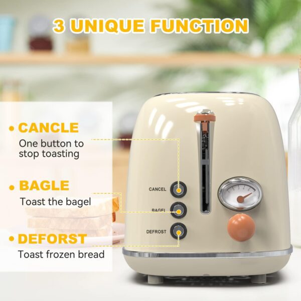 Toaster 2 slice, KitchMix Retro Stainless Steel Toaster with 6 Settings, 1.5 In Extra Wide Slots, Bagel/Defrost/Cancel Function, Removable Crumb Tray (Cream) - Image 4