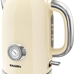 KitchMix Electric Kettle,1.7L Stainless Steel Tea Kettle with Thermometer,1500W Cordless Water Boiler with LED Indicator, Auto Shut-Off & Boil-Dry, Cool Touch Handle, BPA Free - Retro Beige