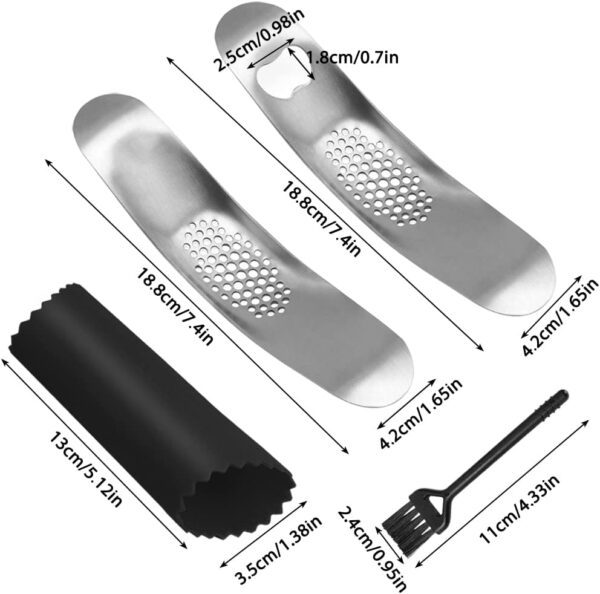 2 PCS Garlic Press with Garlic Peeler, FineGood Garlic Crusher Garlic Press Rocker Stainless Steel Garlic Presser Garlic Mincer with Cleaning Brush - Image 2