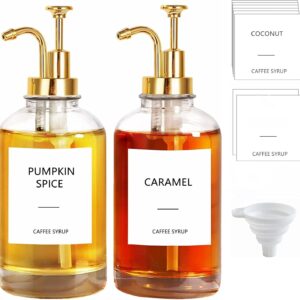 2 Pack 16.9OZ Coffee Syrup Dispenser for Coffee Bar,Transparent Glass Syrup Bottle Pump,Soap Dispenser Home Decor,for Cinnamon, Vanilla, Caramel, Gifts,with Funnel and 36 Labels