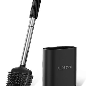 ASOBEAGE Toilet Brush,Deep Cleaner Silicone Toilet Brushes with No-Slip Long Plastic Handle and Flexible Bristles, Silicone Toilet Brush with Quick Drying Holder Set for Toilet（Black）