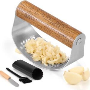 AUBENR Garlic Press with Silicone Peeler, Brush & Scraper - Premium Garlic Mincer Tool with Wooden Handle - Easy to Use & Clean - Durable Garlic Crusher - Crush Garlic Like a Breeze(Dark Wood)