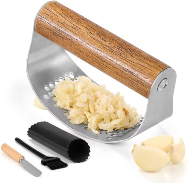 AUBENR Garlic Press with Silicone Peeler, Brush & Scraper - Premium Garlic Mincer Tool with Wooden Handle - Easy to Use & Clean - Durable Garlic Crusher - Crush Garlic Like a Breeze(Dark Wood)