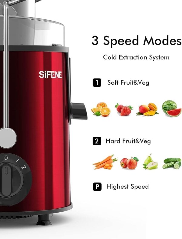 Effortless Juicing Machines, SiFENE 500W Wide Chute Centrifugal Juicer for Fruits & Vegetables, Easy-Clean Juicing Maker, BPA-Free (Sleek Stainless Steel - Red) - Image 6