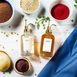 2 Pack 16.9OZ Coffee Syrup Dispenser for Coffee Bar with 84 Labels and Pump, Syrup Bottles for Coffee Bar Home Bar, BPA Free & Durable Transparent Glass Coffee Syrup Dispenser Bottles (Gold, 500ML)