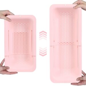 BLUE GINKGO Over the Sink Colander Strainer Basket - Wash Vegetables and Fruits, Drain Cooked Pasta and Dry Dishes - Extendable - New Home Kitchen Essentials (7.9 W x 14.5-19.5 L x 2.75 H) (Pink)