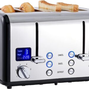 CUSIMAX 4 Slice Toaster, Ultra-Clear LED Display & Extra Wide Slots, Stainless Steel Toaster with Dual Control Panels of 6 Shade Settings, Cancel/Bagel/Defrost Function, Removable Crumb Trays, Black
