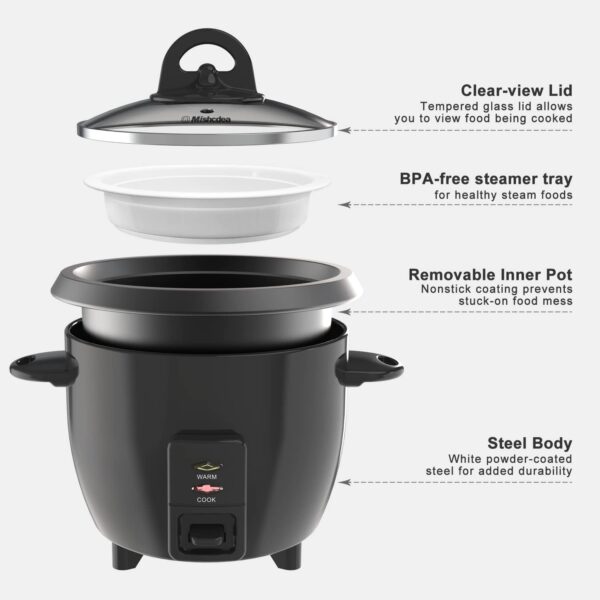 Mishcdea Small Rice Cooker 3 Cups Uncooked, Electric Mini Rice Cooker with Food Steamer Basket, Removable Nonstick Pot, 12H Automatic Keep Warm, for Rice, Soups, Stews, Grains, Oatmeal - Black - Image 5