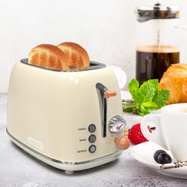 Toaster 2 slice, KitchMix Retro Stainless Steel Toaster with 6 Settings, 1.5 In Extra Wide Slots, Bagel/Defrost/Cancel Function, Removable Crumb Tray (Cream) - Image 8