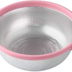 HiramWare Stainless Steel Colander With Handle and Legs, Large Metal Pink Strainer for Pasta, Spaghetti, Berry, Veggies, Fruits, Noodles, Salads, 5-quart 10.5” Kitchen Mesh Colander, Dishwasher Safe