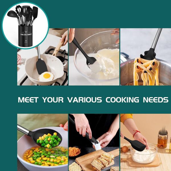 Silicone Cooking Utensil Set, Umite Chef 15pcs Silicone Cooking Kitchen Utensils Set, Non-Stick Heat Resistant - Best Kitchen Cookware with Stainless Steel Handle - Black - Image 5
