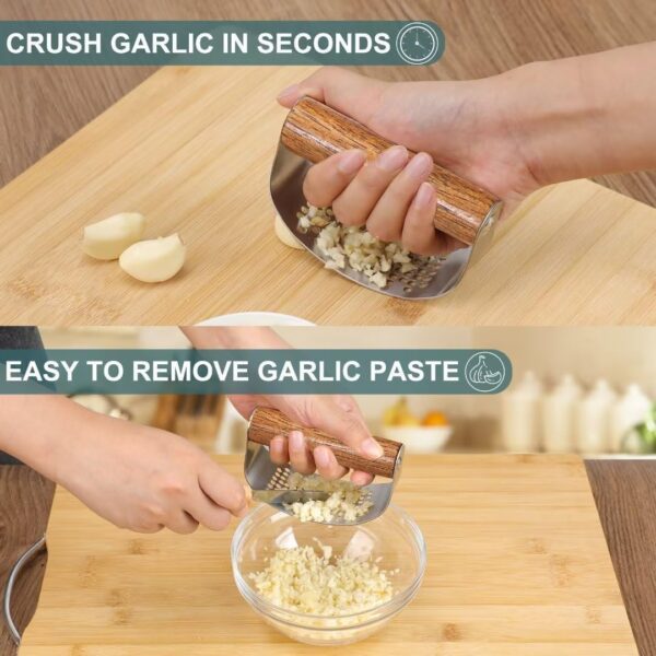 AUBENR Garlic Press with Silicone Peeler, Brush & Scraper - Premium Garlic Mincer Tool with Wooden Handle - Easy to Use & Clean - Durable Garlic Crusher - Crush Garlic Like a Breeze(Dark Wood) - Image 5