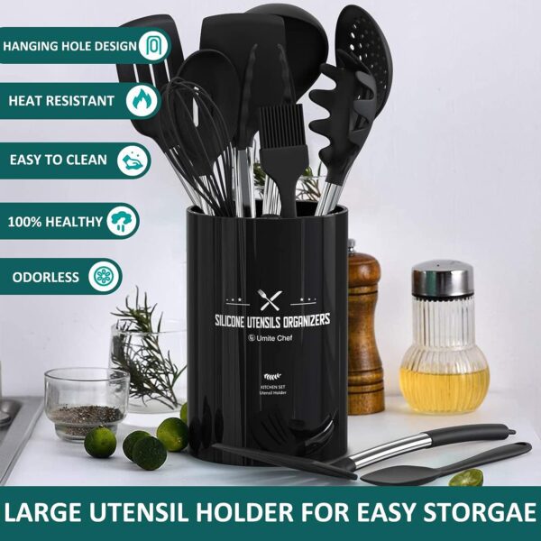Silicone Cooking Utensil Set, Umite Chef 15pcs Silicone Cooking Kitchen Utensils Set, Non-Stick Heat Resistant - Best Kitchen Cookware with Stainless Steel Handle - Black - Image 7