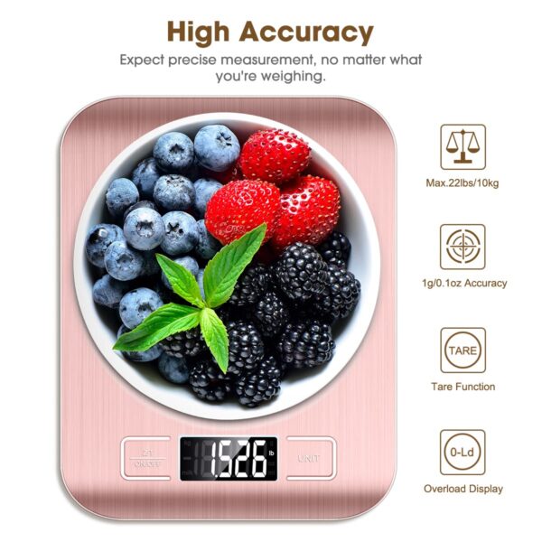 Mik-Nana Food Scale Pink, 10kg/22lb Digital Kitchen Scale Weight Grams and Oz for Baking and Cooking, 1g/0.1oz Precise Graduation, Easy Clean Stainless Steel - Image 4
