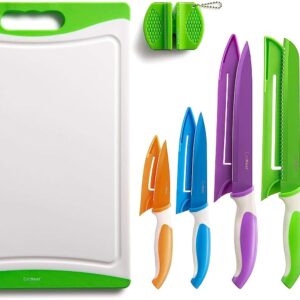 EatNeat 12 Pc Colorful Kitchen Knife Set - Camper Must Haves 5 Stainless Steel Knives with Safety Sheaths, Cutting Board & Sharpener, Razor Sharp Cutting Tools RV Accessories For Inside