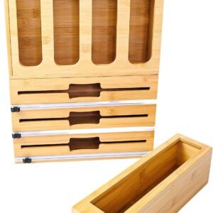9 in 1 Bamboo Ziplock Bag Storage Organizer and Dispenser, Easy-to-Use, Clutter-Free Helpful, Compatible for Gallon, Sand & Snack Variety Size Bag with 3 grids of Wrap Dispenser Cutter and Food Wrap Cling Film Organizer.