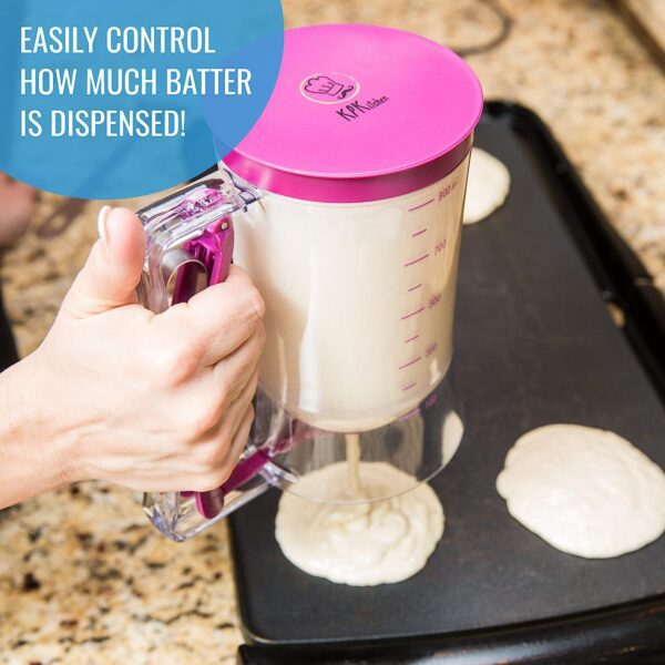 KPKitchen Pancake Batter Dispenser - Kitchen Must Have Tool for Perfect Pancakes, Cupcake, Waffle, Muffin Mix, Crepe & Cake - Easy Pour Baking Supplies for Griddle - Pancake Maker with Measuring Label - Image 3