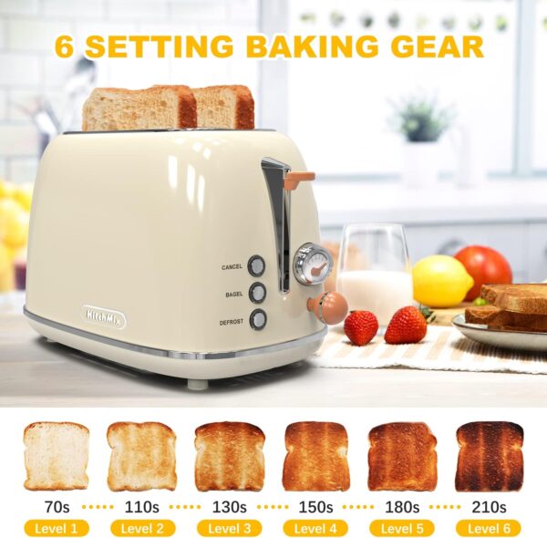 Toaster 2 slice, KitchMix Retro Stainless Steel Toaster with 6 Settings, 1.5 In Extra Wide Slots, Bagel/Defrost/Cancel Function, Removable Crumb Tray (Cream) - Image 3