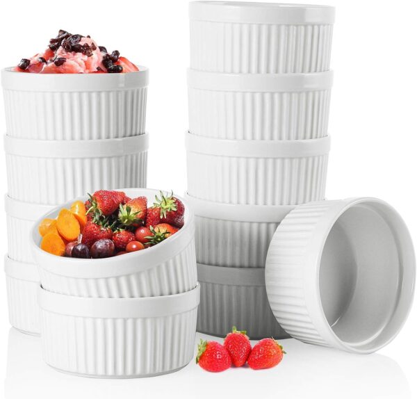 Foraineam 12 Pieces 8 oz Porcelain Souffle Dishes, Oven Safe Ramekins White Bakeware Set Dessert Custard Baking Dishes Cups for Baking, Cooking, Serving and More