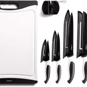 EatNeat 12 Piece Kitchen Knife Set - 5 Black Stainless Steel Knives with Safety Sheaths, a Cutting Board, and a Sharpener, Razor Sharp Cutting Tools that are Kitchen Essentials for New Homes