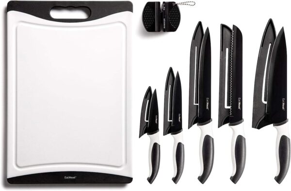 EatNeat 12 Piece Kitchen Knife Set - 5 Black Stainless Steel Knives with Safety Sheaths, a Cutting Board, and a Sharpener, Razor Sharp Cutting Tools that are Kitchen Essentials for New Homes