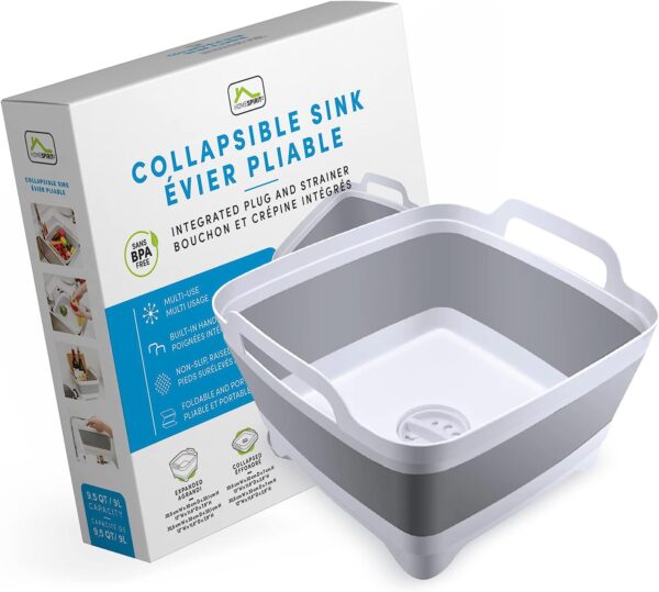 Home Spirit Collapsible Sink, Portable Dish Pan, Wash Basin Tub for Dish, Fruits, Vegetables, Textiles, Cloths, Beverages, Integrated Handle, Plug and Strainer, 9L Capacity