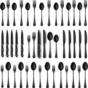 Runfly 48-Piece Black Silverware Set, Mirror Polished Flatware Set for 8, Food-Grade Stainless Steel Cutlery Set, Includes Spoons Forks Knives, Kitchen Cutlery for Home Office Restaurant Hotel