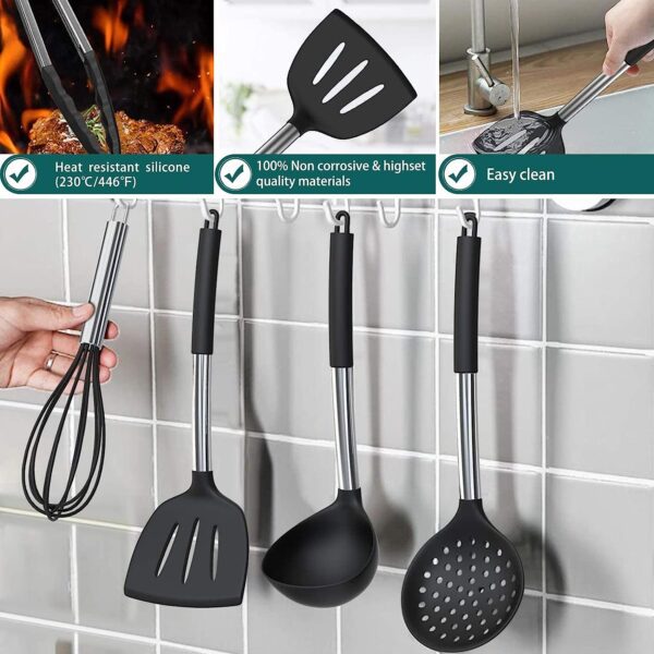 Silicone Cooking Utensil Set, Umite Chef 15pcs Silicone Cooking Kitchen Utensils Set, Non-Stick Heat Resistant - Best Kitchen Cookware with Stainless Steel Handle - Black - Image 6