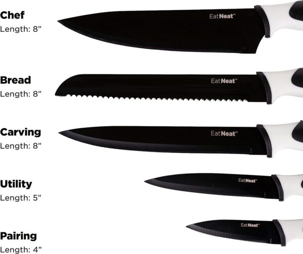 EatNeat 12 Piece Kitchen Knife Set - 5 Black Stainless Steel Knives with Safety Sheaths, a Cutting Board, and a Sharpener, Razor Sharp Cutting Tools that are Kitchen Essentials for New Homes - Image 2