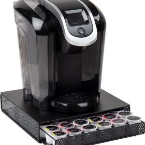 Mind Reader Network Collection, Single Serve Coffee Pod Drawer, 36 Coffee Pod Capacity, Coffee Machine Base, Solid Metal Top with Decorative Mesh Drawer, 9.5" L x 12.25" W x 2.5" H, Black
