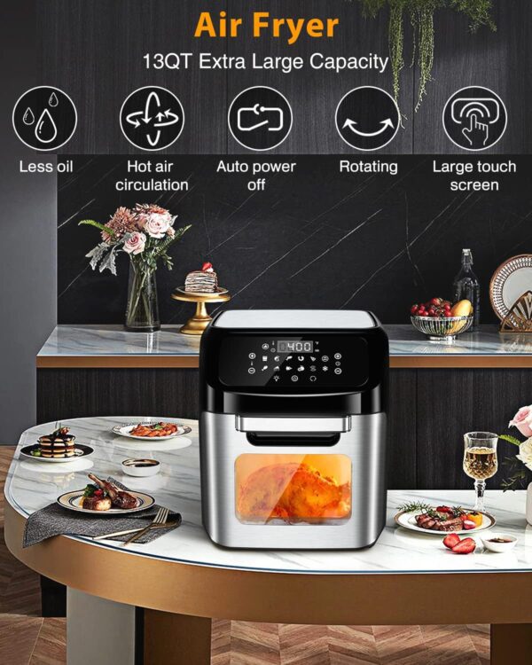 Air Fryer, 12 L (12.7 qt) Air fryer Oven with Rotisserie Function, 10 in 1 Electric Hot Oven with 8 Cooking Accessories and Recipe, 1700W Air Fryer Toaster Oven with 9 Presets, Preheat & Defrost Function - Image 3