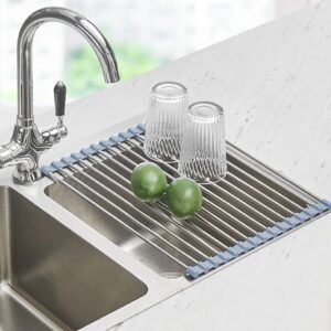 Seropy Roll Up Dish Drying Rack, Over The Sink Dish Drying Rack Kitchen Rolling Dish Drainer, Foldable Sink Rack Mat Stainless Steel Wire Dish Drying Rack for Kitchen Sink Counter
