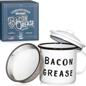 Golden Hills Mercantile Bacon Grease Container with strainer - rustic mid-century modern farmhouse design, white enamel on metal, 4 inch x 4 inch vintage enamelware with lid (Black)